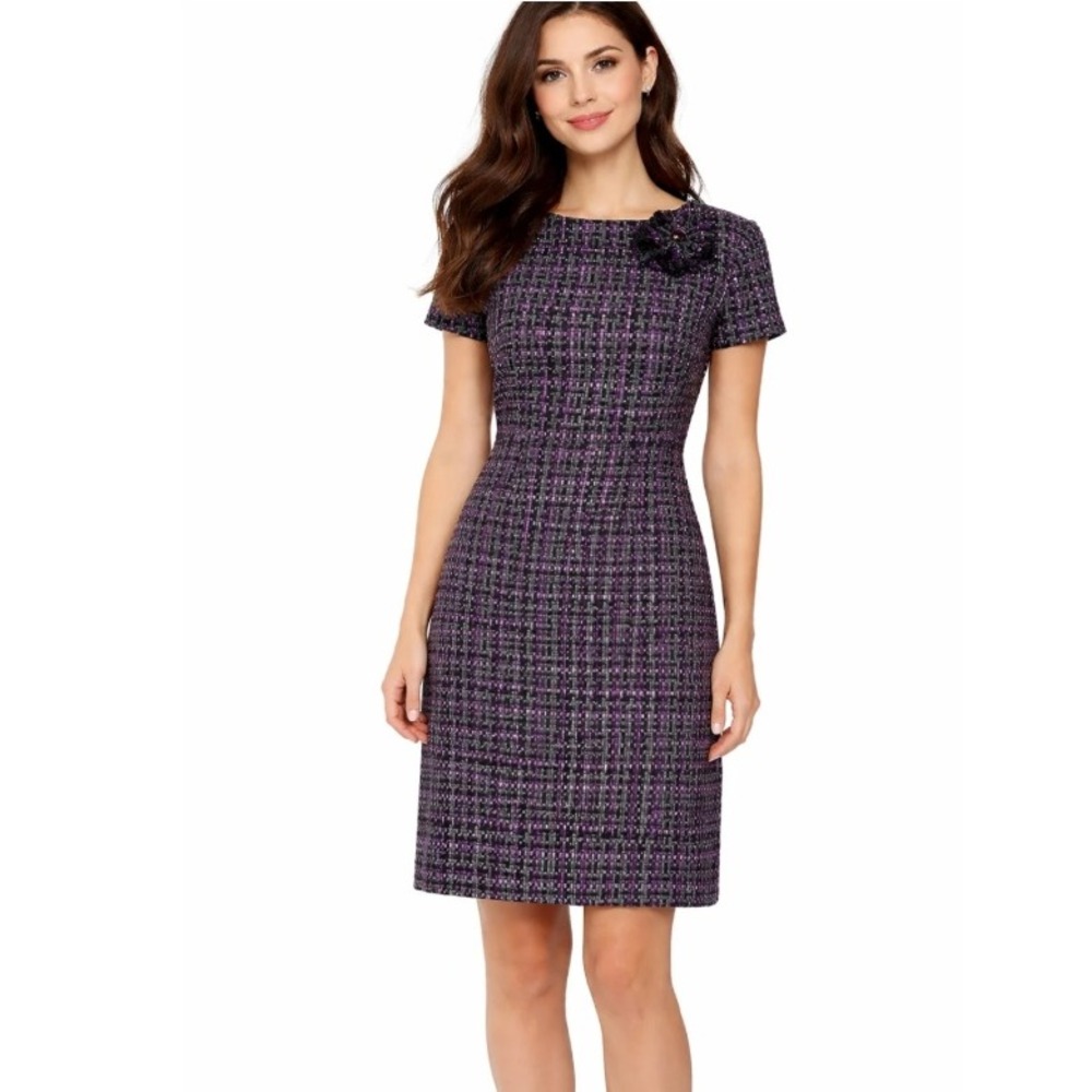 Eliza J Tweed Sheath Dress Flower Embellishment Purple Gray Pink Black Size 4